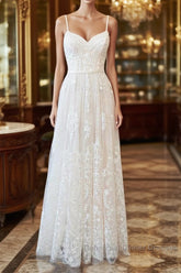 Chic Long A-line Sweetheart Spaghetti Strap Appliques Tulle Wedding Dresses